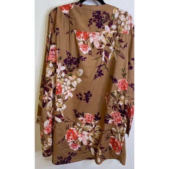 Roamans Tan Floral Pintuck Button Front Tunic Top Size 22W Long Sleeve Tropical - Picture 4 of 4